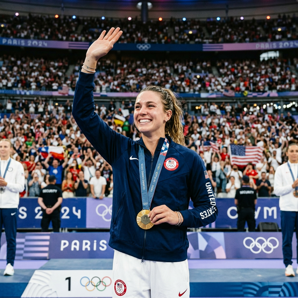 Female American Olympic gold medalist waving to crowd at Paris 2024 podium